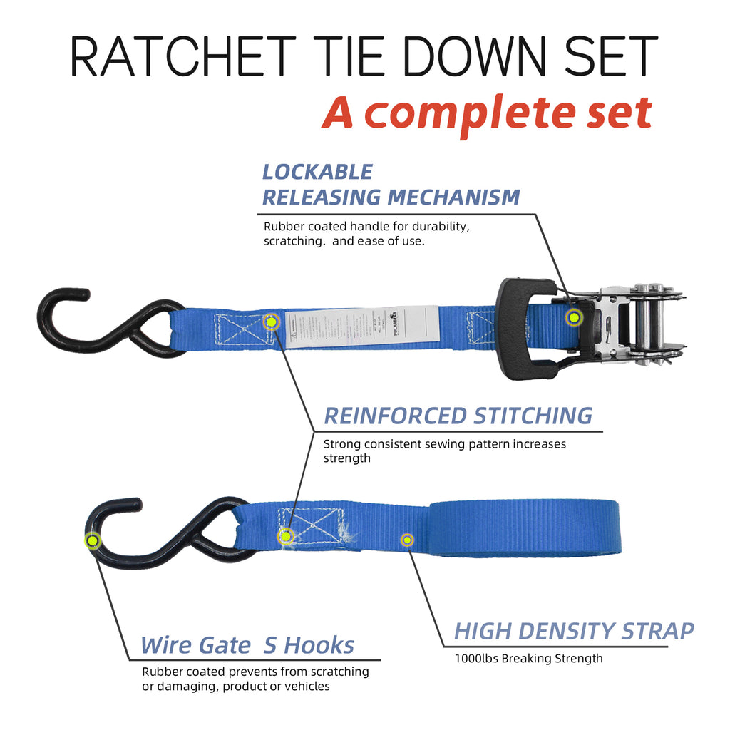 1"x10' Ratchet Straps 1,500 LBS (4-Packs)