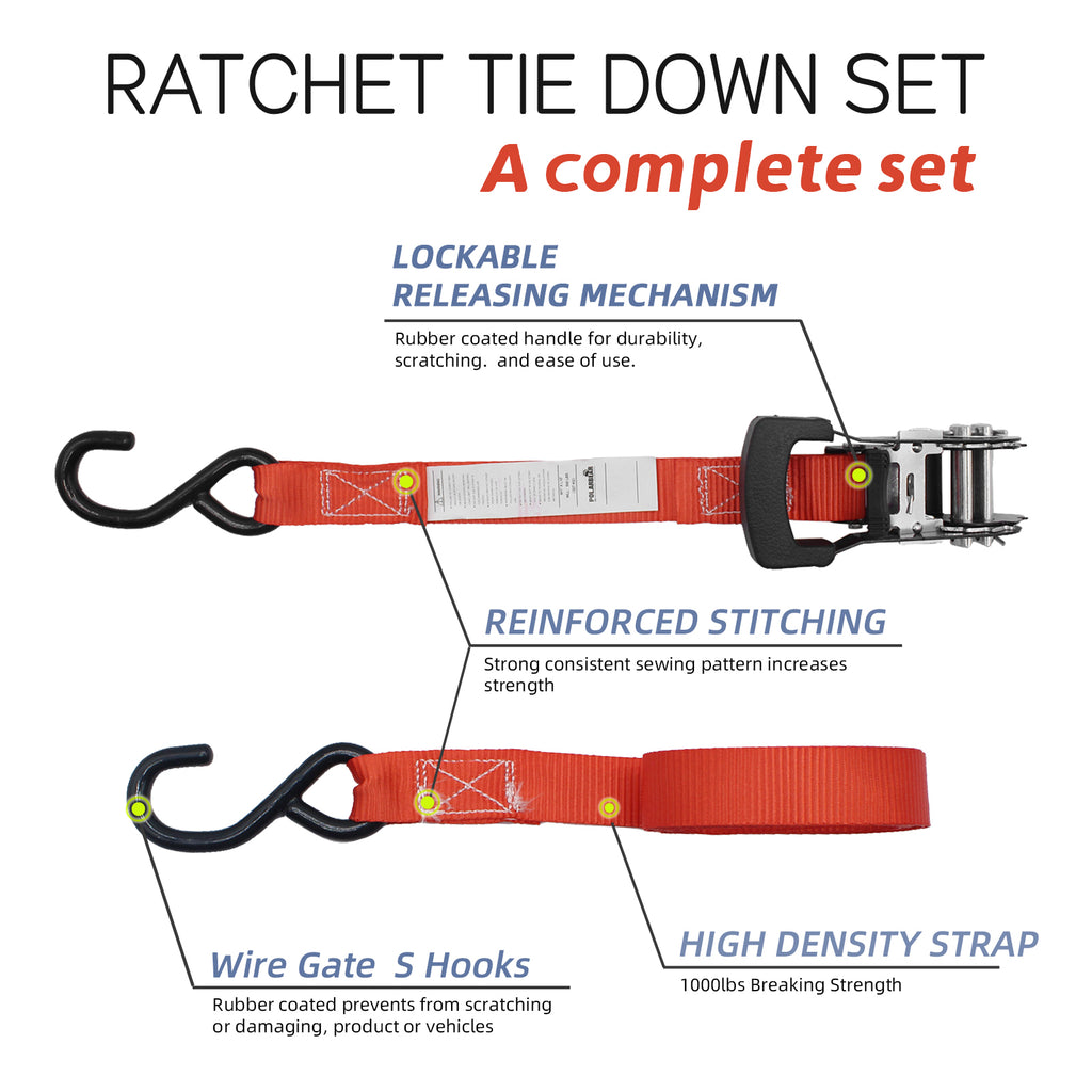 1"x10' Ratchet Straps 1,500 LBS (2-Packs)