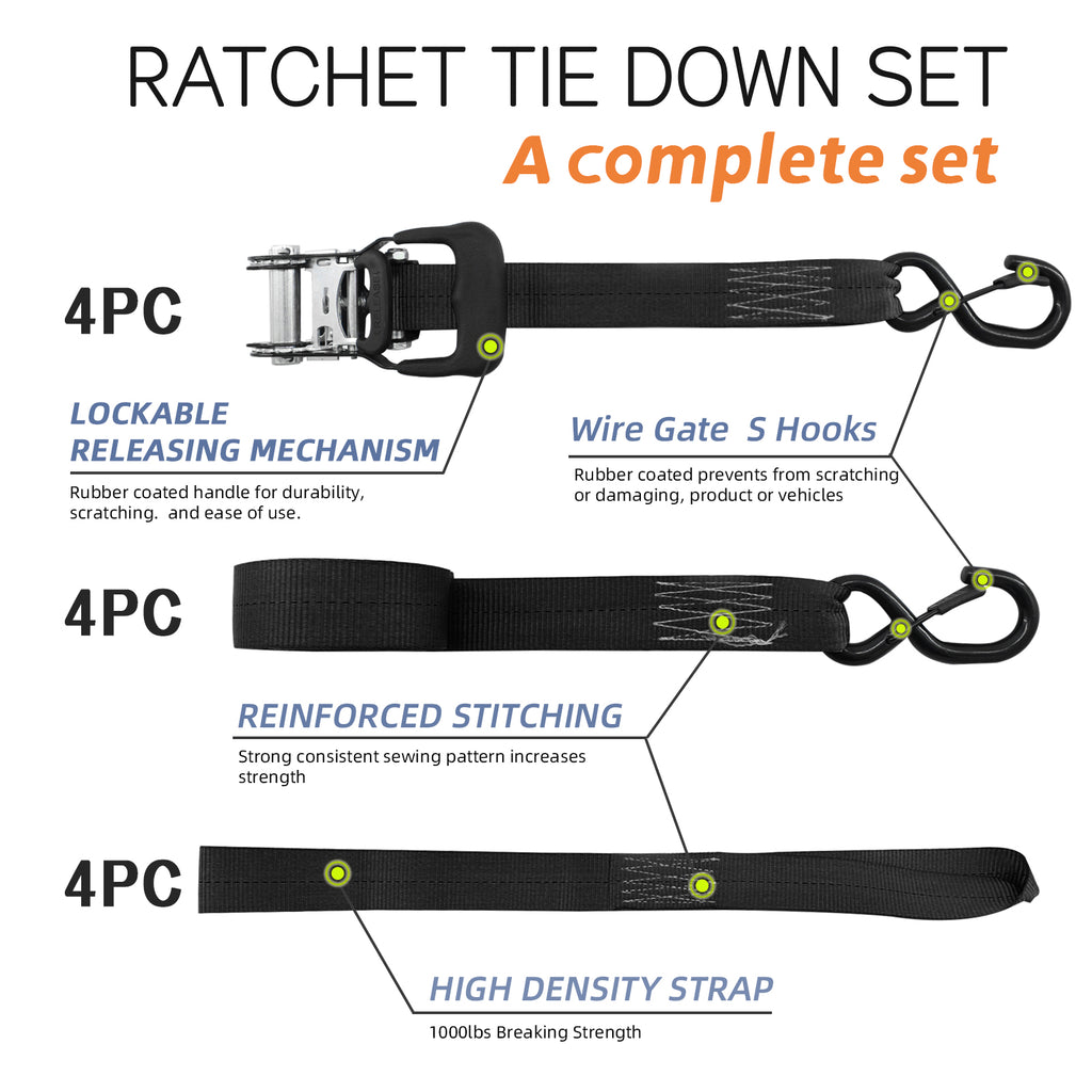 1.5" x 15' Ratchet Straps 3,000 LBS (4-Packs)